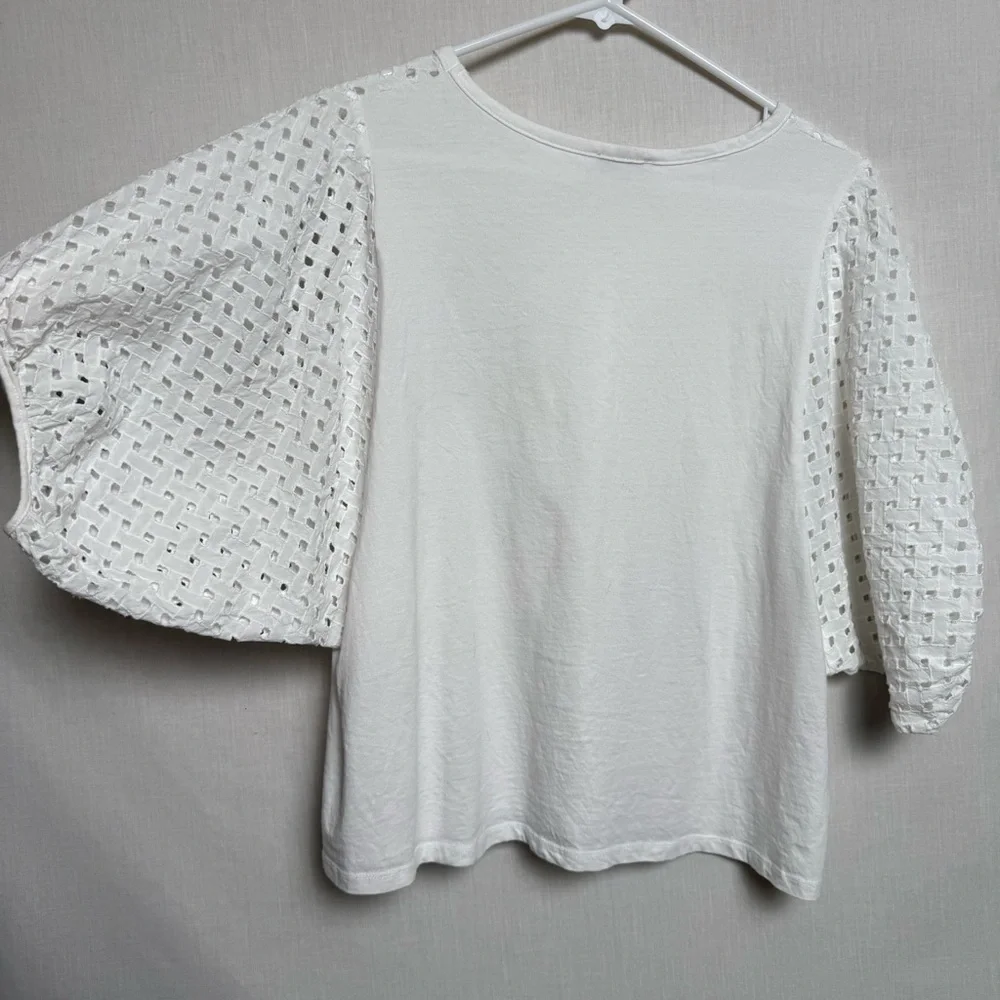 Zara White Eyelet Puff Sleeve Top Size L Cotton